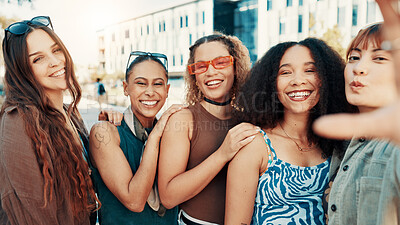 Buy stock photo Women, selfie and smile with group in city, portrait or bonding with streetwear for fashion in summer. Gen z girl, friends and happy with photography, memory or trendy style for social media in town