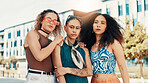 Portrait, friends and women in city, fashion and diversity with urban town, students and gen z. Face, group and people in street, outdoor and female empowerment with stylish clothes and confidence