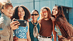 Selfie, group and women with fashion, outdoor and profile picture with happiness, support and urban town. Youth culture, people and friends in street, streetwear or influencer with diversity together