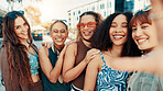Girl, selfie and smile with group in city, portrait or bonding with streetwear for fashion in summer. Gen z women, friends and happy with photography, memory or trendy style for social media in town