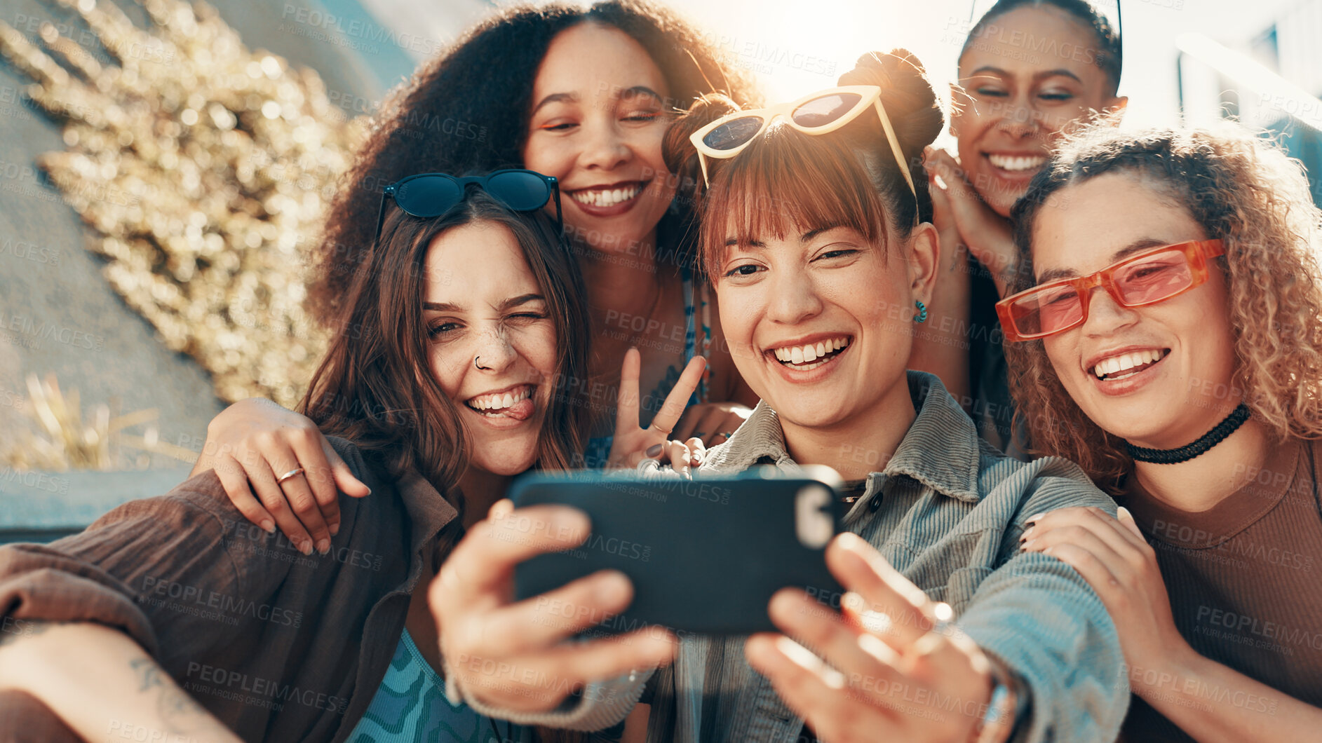 Buy stock photo Selfie, people and women in city, fashion and profile picture with happiness, trendy and urban town. Outdoor, group and friends in street, youth culture or swag with diversity together or support