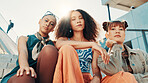 Portrait, below and women in city, fashion and diversity with urban town, stylish clothes and gen z. Low angle, friends and people in street, outdoor and female empowerment with confidence and pride