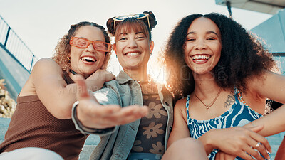 Buy stock photo Women, selfie and smile with friends in city, portrait and bonding in low angle for fashion in summer. Gen z girl, group and students with photography, memory or trendy style for social media in town
