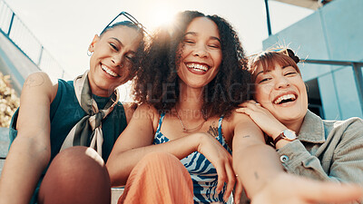 Buy stock photo Girl, selfie and happy with friends in city, portrait or bonding with low angle for fashion in summer. Gen z women, group and travel with photography, memory or trendy style for social media in town