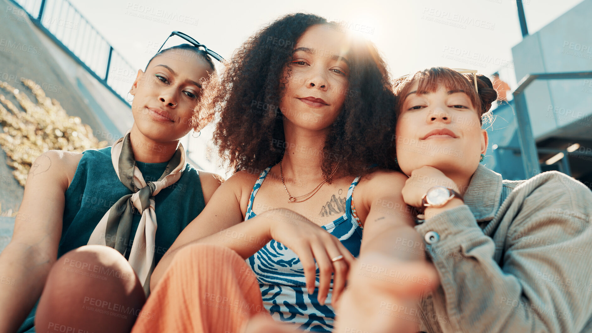 Buy stock photo Selfie, people and women with fashion, below and diversity with urban town, support and gen z. Profile picture, friends and group in street, low angle and female empowerment with stylish clothes