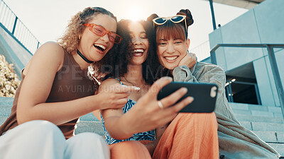 Buy stock photo Selfie, group and women in city, funny and profile picture with happiness, support and laughing. Smile, people or friends in street, humor or joke with diversity together, influencer or youth culture