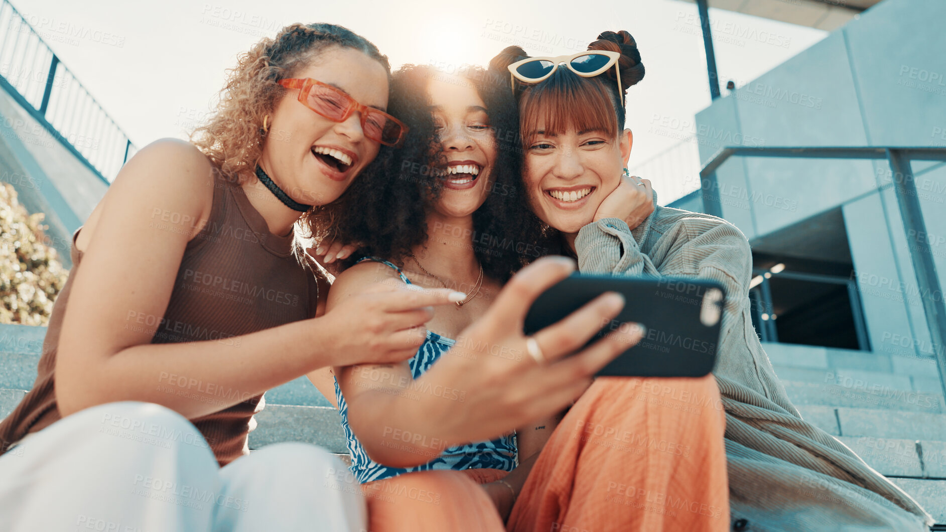 Buy stock photo Selfie, group and women in city, funny and profile picture with happiness, support and laughing. Smile, people or friends in street, humor or joke with diversity together, influencer or youth culture
