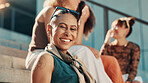 Fashion, friends or portrait of happy woman in urban town on steps in trendy clothes, casual outfit or modern style. Relax, confident or person with smile in city for holiday, streetwear or vacation