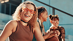 Fashion, friends and portrait of happy woman in city on steps in trendy clothes, casual outfit or modern style. Smile, sunglasses and person laughing in urban town for holiday, streetwear or vacation
