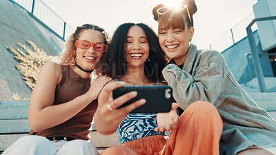 Buy stock photo Selfie, group and women in city, smile and profile picture with happiness, fashion and youth culture. Outdoor, happy people and friends with digital app, influencer or memory with diversity together