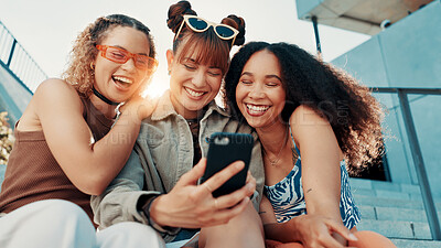 Buy stock photo Selfie, funny and women in city, fashion and profile picture with happiness, support and laughing. Internet, people and friends in street, influencer or humor with diversity, memory or youth culture