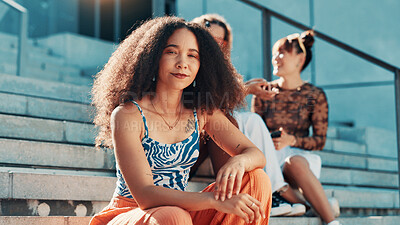 Buy stock photo Fashion, confident or woman in city on steps in trendy clothes, casual outfit or modern style. Friends, relax and proud female person on stairs in urban town for holiday, portrait or outdoor vacation