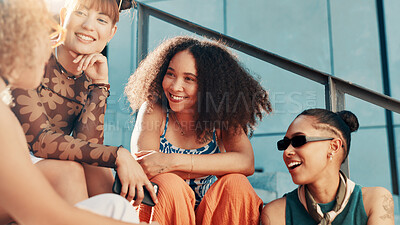 Buy stock photo Talking, fashion and women in city on steps in cool clothes, casual outfit or modern style. Relax, discussion or trendy friends with smile in urban town for holiday, streetwear or vacation together