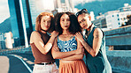 Portrait, friends and women in city, fashion and trendy with urban town, female empowerment and gen z. Face, group and people in street, stylish clothes and edgy with confidence, pride or New York