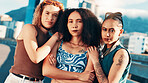 Confident women, fashion and portrait of friends with streetwear, style or edgy clothes in city. Cool, trendy girls and outdoor together with sunglasses, urban outfit or gen z group with arms crossed
