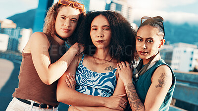 Buy stock photo Confident women, fashion and portrait of friends with streetwear, style or edgy clothes in city. Cool, trendy girls and outdoor together with sunglasses, urban outfit or gen z group with arms crossed