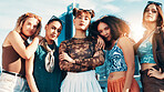 Portrait, group and women in city, fashion and diversity with urban town, bonding together and gen z. Face, friends and people in street, outdoor and female empowerment with stylish clothes and edgy
