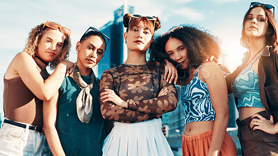 Buy stock photo Portrait, group and women in city, fashion and diversity with urban town, bonding together and gen z. Face, friends and people in street, outdoor and female empowerment with stylish clothes and edgy