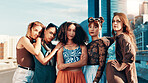 Confident women, fashion and portrait of group with streetwear, style or edgy clothes in city. Cool, trendy girls and outdoor together with urban outfit, culture and gen z friends with arms crossed
