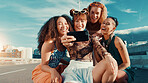 Gen z women, selfie and friends on bridge, excited and smile for bonding with streetwear for fashion in summer. Girl, group and happy with photography, memory or trendy style for social media in city