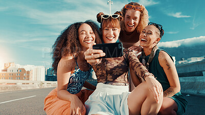 Buy stock photo Gen z women, selfie and friends on bridge, excited and smile for bonding with streetwear for fashion in summer. Girl, group and happy with photography, memory or trendy style for social media in city