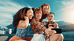 Gen z girl, selfie and friends on bridge, edgy clothes or smile for bonding in streetwear for fashion in summer. Women, group and happy with photography, post or trendy style for social media in city