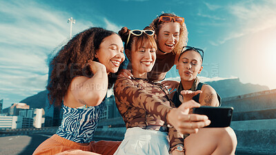 Buy stock photo Gen z girl, selfie and friends on bridge, edgy clothes or smile for bonding in streetwear for fashion in summer. Women, group and happy with photography, post or trendy style for social media in city
