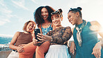 City, friends and laughing with selfie for joke, funny conversation and memory with fashion. Urban, group and happy women with photography for post, social media and cool style for profile picture