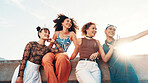 Happy women, friends or peace sign with selfie in fashion for picture together on city bridge. Group, community or social with smile or emoji for photography, memory or capture moment in urban town