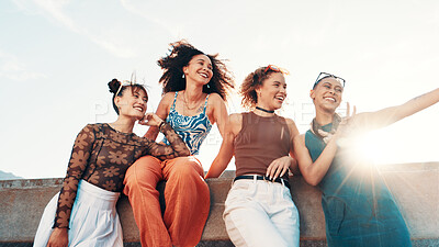 Buy stock photo Happy women, friends or peace sign with selfie in fashion for picture together on city bridge. Group, community or social with smile or emoji for photography, memory or capture moment in urban town