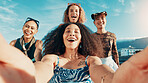 Happy women, friends or portrait with selfie in city for fashion style or picture together. Excited group, community or social with smile for photography, memory or capture moment in an urban town