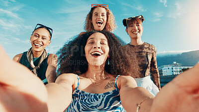 Buy stock photo Happy women, friends or portrait with selfie in city for fashion style or picture together. Excited group, community or social in pov below for photography, memory or capture moment in an urban town