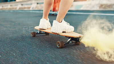 Buy stock photo Skateboard, smoke and sneakers with friends in city for gen z youth, streetwear fashion and balance. Fitness, energy and travel with closeup of people skating in street for riding, hobby and action