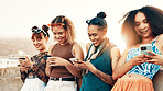 City, chat and group of friends with smartphone, gen z fashion and application for gossip. Flare, cool style and women in row with technology for network, social media and internet post with smile