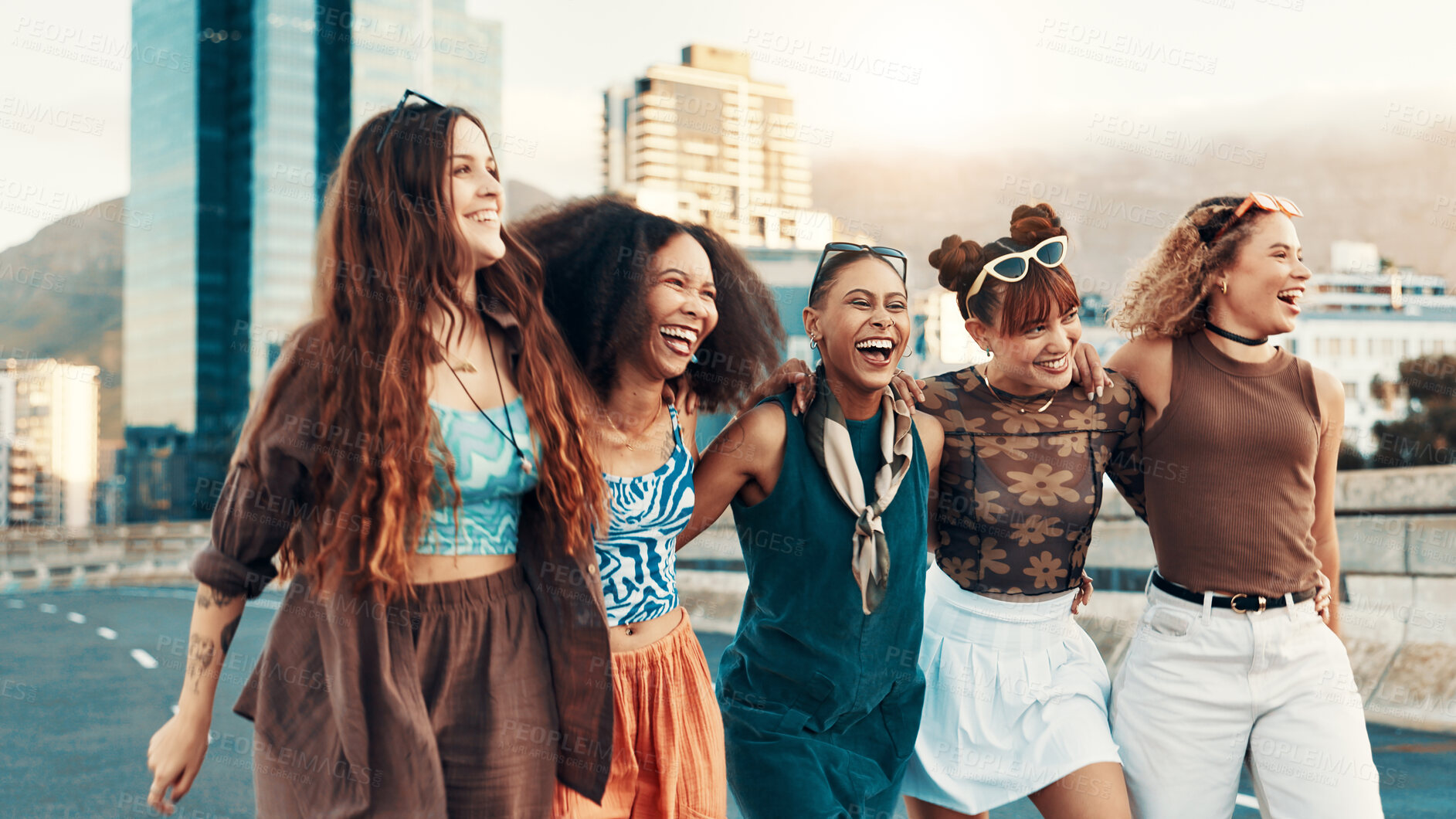 Buy stock photo Walking, hug or friends in city for fashion in trendy clothes, casual outfit or modern style. Smile, diversity or happy people laughing in urban town for holiday, cool streetwear or vacation together