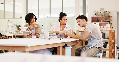 Buy stock photo Pottery class, group and people in workshop, learning or technique with sculpture mold. Business owner, artist or ceramic retail store with material, development or clay manufacturing with creativity