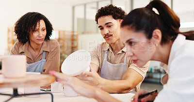 Buy stock photo Inspection, group and people in pottery class, conversation and technique with sculpture mold. Business owner, artist or ceramic retail store with material, product or clay manufacturing with quality