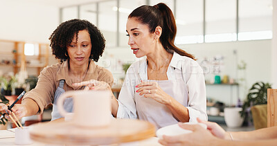 Buy stock photo Pottery, class and women with clay in workshop for teaching, learning and skills development together. Creative, studio and people with ceramic mold for design, sculpture and DIY hobby in art lesson