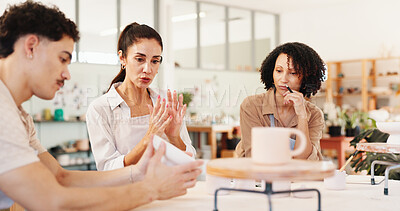 Buy stock photo Pottery, art class and people with clay in workshop for teaching, learning and skills development. Creative, studio and man and woman with ceramic mold for design, sculpture and DIY hobby in lesson