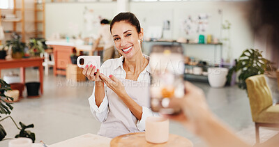 Buy stock photo Pottery class, photo and woman in ceramic workshop with online post, achievement and clay product. Phone, social media and person in studio with friend, feedback and sculpture design mold or smile