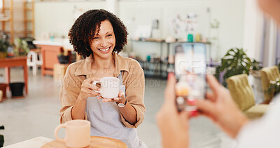 Buy stock photo Pottery class, picture and woman in ceramic workshop with online post, achievement and clay product. Phone, social media and person in studio with friend, feedback and sculpture design mold or smile
