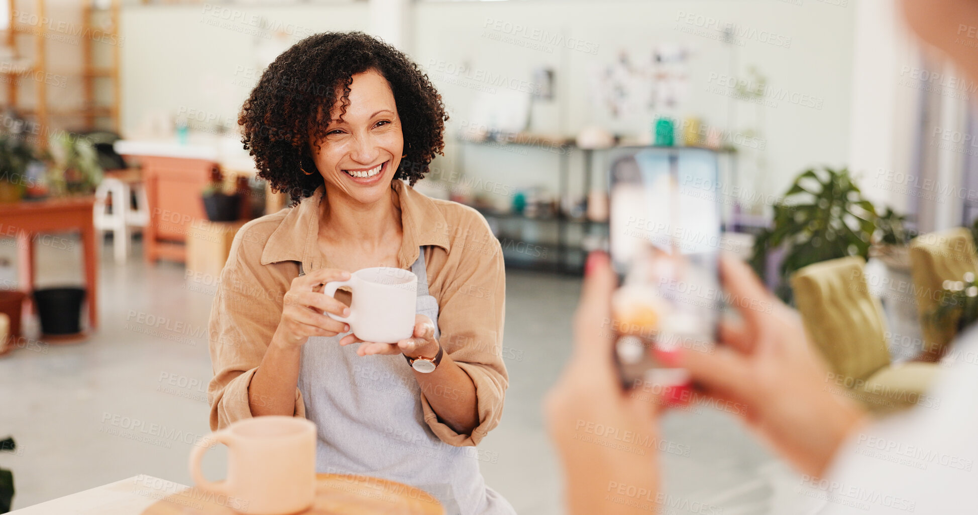 Buy stock photo Pottery class, picture and woman in ceramic workshop with online post, achievement and clay product. Phone, social media and person in studio with friend, feedback and sculpture design mold or smile