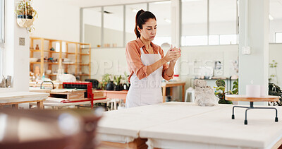 Buy stock photo Pottery, art and woman in workshop with ceramic for design, sculpture and learning skills in studio. Creative, small business and person with clay object for DIY hobby, craft and handmade product