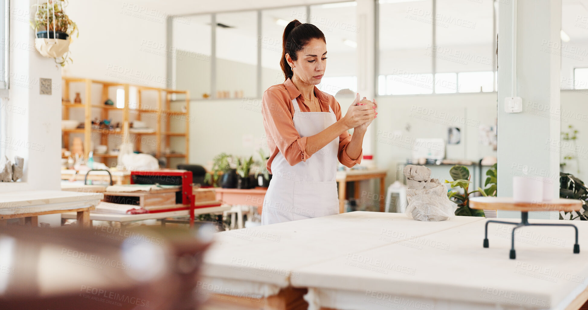 Buy stock photo Pottery, art and woman in workshop with ceramic for design, sculpture and learning skills in studio. Creative, small business and person with clay object for DIY hobby, craft and handmade product