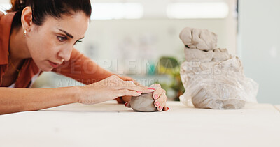 Buy stock photo Pottery, artist and woman in workshop with clay for design, sculpture and learning skills in studio. Creative, small business and person with ceramic object for DIY hobby, craft and handmade mold