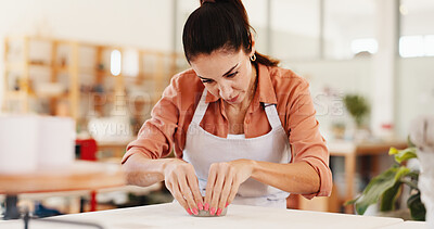 Buy stock photo Pottery, art and woman in workshop with sculpture for design, handicraft and learning skills in studio. Creative, small business and person with ceramic object for DIY hobby, clay and handmade bowl