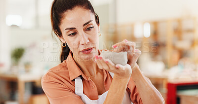 Buy stock photo Pottery, art and woman in workshop with clay for design, sculpture and learning skills in studio. Creative, small business and person with ceramic object for DIY hobby, craft and handmade product