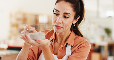 Buy stock photo Pottery, creative and woman in workshop with clay for design, sculpture and learning skills in studio. Artisan, small business and person with ceramic object for DIY hobby, craft and handmade product