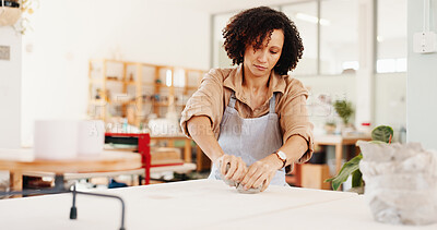 Buy stock photo Workshop, woman and art with clay for pottery, creative design, sculpture and learning skills in studio. Female person, small business and potter with craft for DIY hobby, experience and handmade