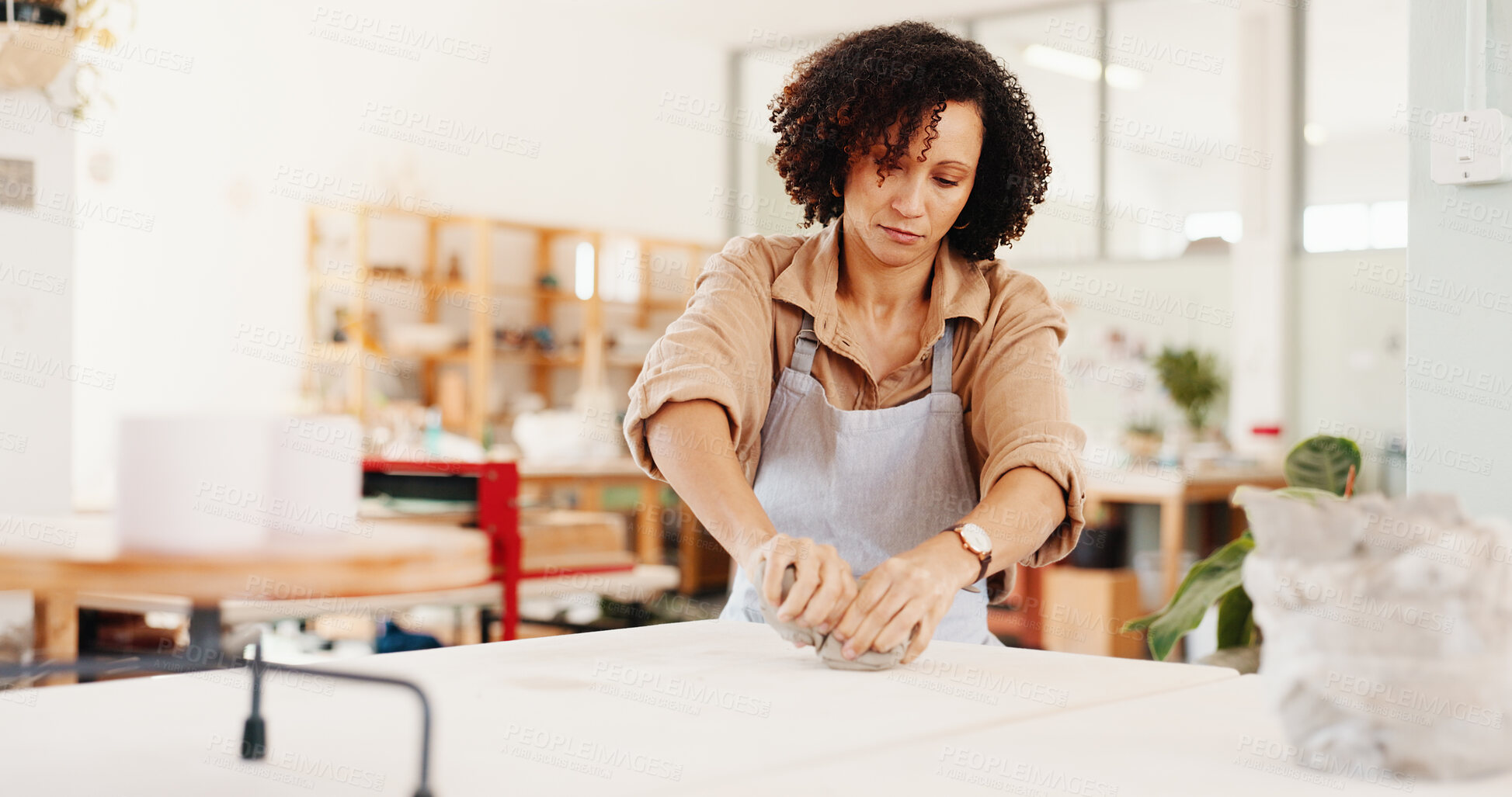 Buy stock photo Workshop, woman and art with clay for pottery, creative design, sculpture and learning skills in studio. Female person, small business and potter with craft for DIY hobby, experience and handmade